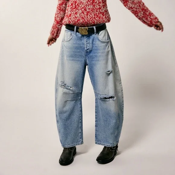 Free People Good Luck Mid-Rise Barrel Jeans in Barnyard Blue - Picture 3 of 13